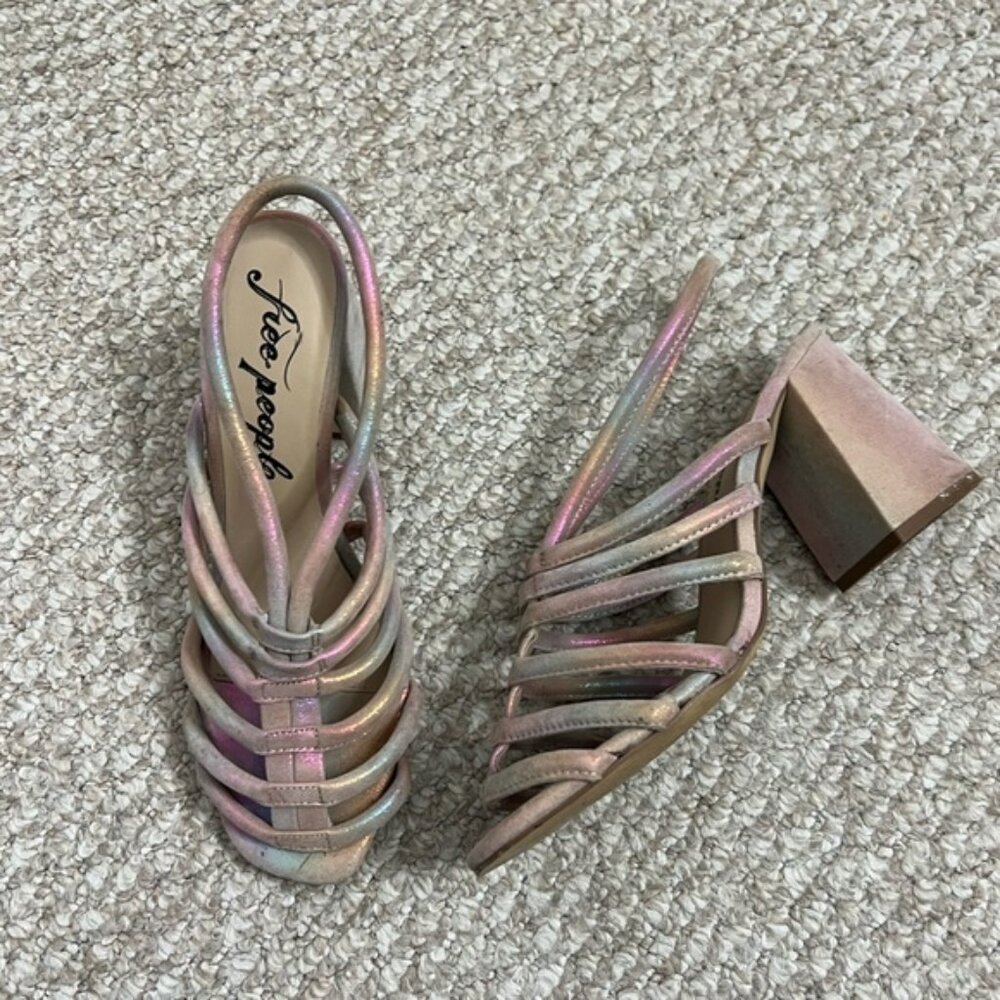 FREE PEOPLE Womens Colette Cinched Sandals Heel Iridescent Leather 38.5 New